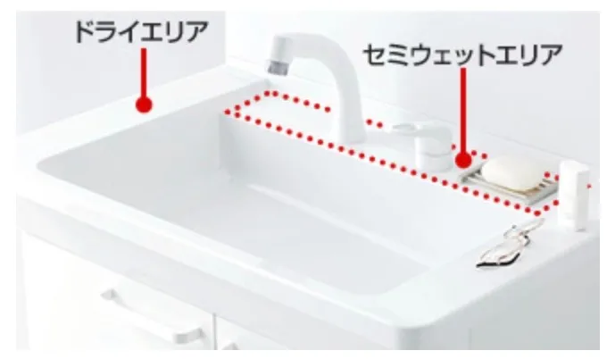 Vシリーズの洗面ボウルには、タオルなど濡らしたくない物を置く「ドライエリア」、コップや石けんなど濡れた物を置く「セミウェットエリア」の2つのエリアが設けられ、限られたスペースを有効につかうことができます。